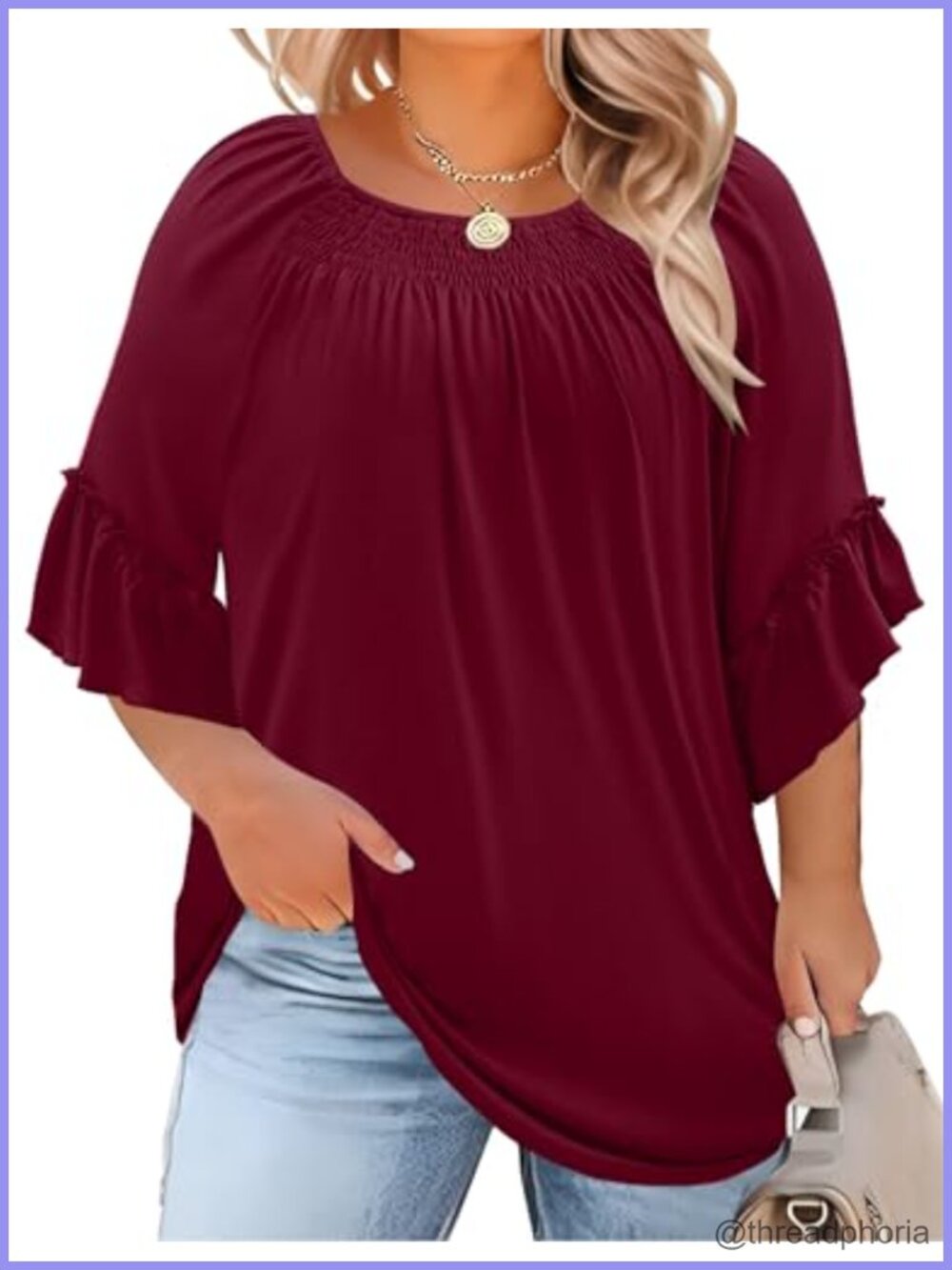 Womens Plus Size Tunic Top 3/4 Ruffle Bell Sleeve Pleated Crewneck Blouse